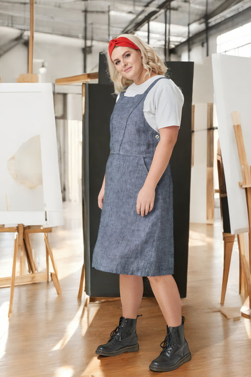 Linen apron dress has a square neckline & two front pockets Luka from Baltic Linen